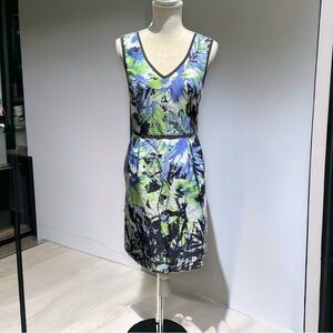 🌻Nine West "Denim Blooms" Floral Fit & Flare Pleated  Sleeveless Dress Size 10